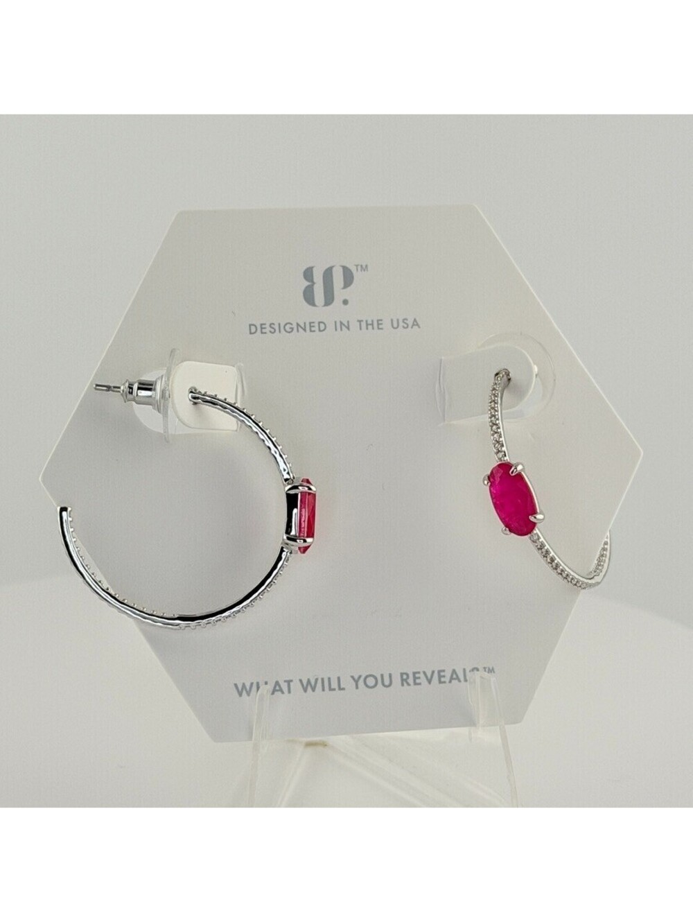 Bomb Party Hoop Earrings "Dropping Just A Hint" Pink Sapphire on Rhodium